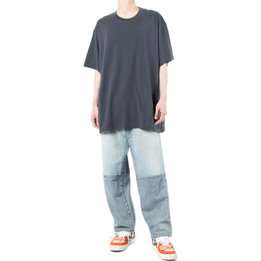 Men's Off-White Stripe Printing Short Sleeve Loose Fit Navy Blue T-Shirt OMAA038S22JER0024646
