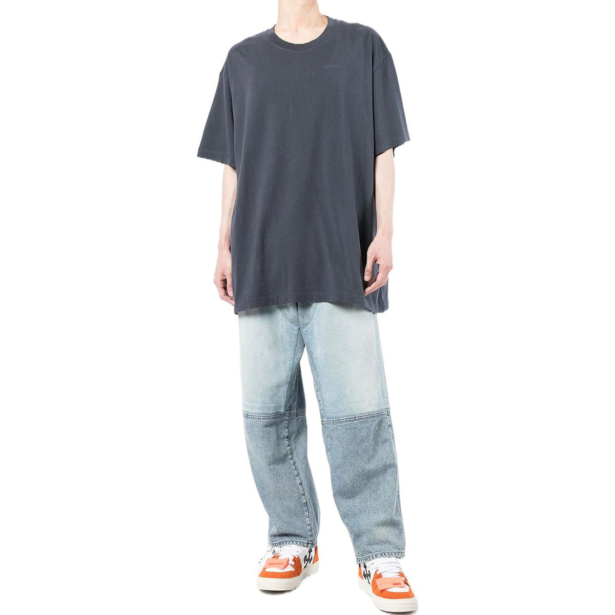 Men's Off-White Stripe Printing Short Sleeve Loose Fit Navy Blue T-Shirt OMAA038S22JER0024646