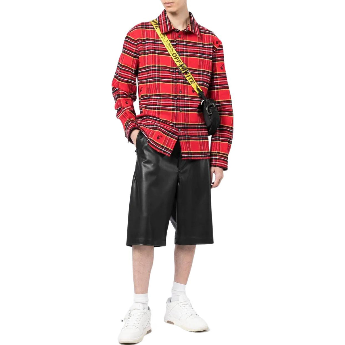 Men's Off-White SS22 Plaid Logo Embroidered Lapel Long Sleeves Loose Fit Red Shirt OMGA227S22FAB0022510