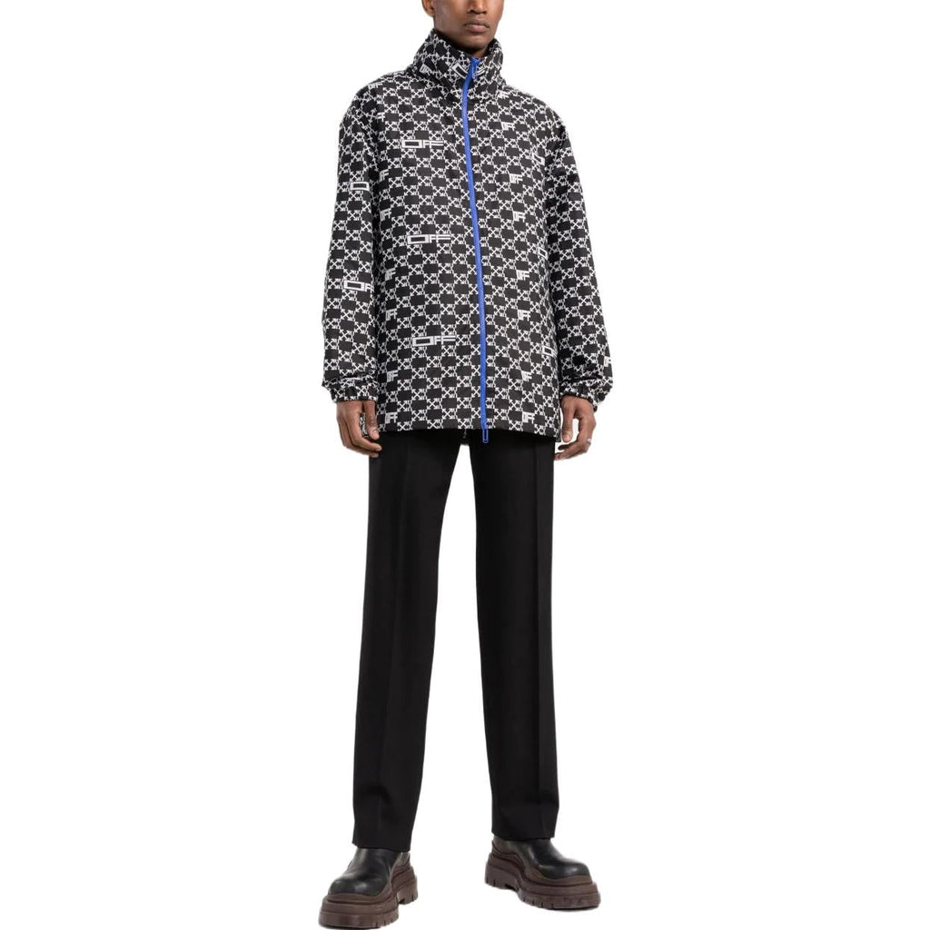 Men's Off-White SS22 Geometry Pattern Full Print Stand Collar Hooded Jacket Version Autumn Black OMEB034S22FAB0011001