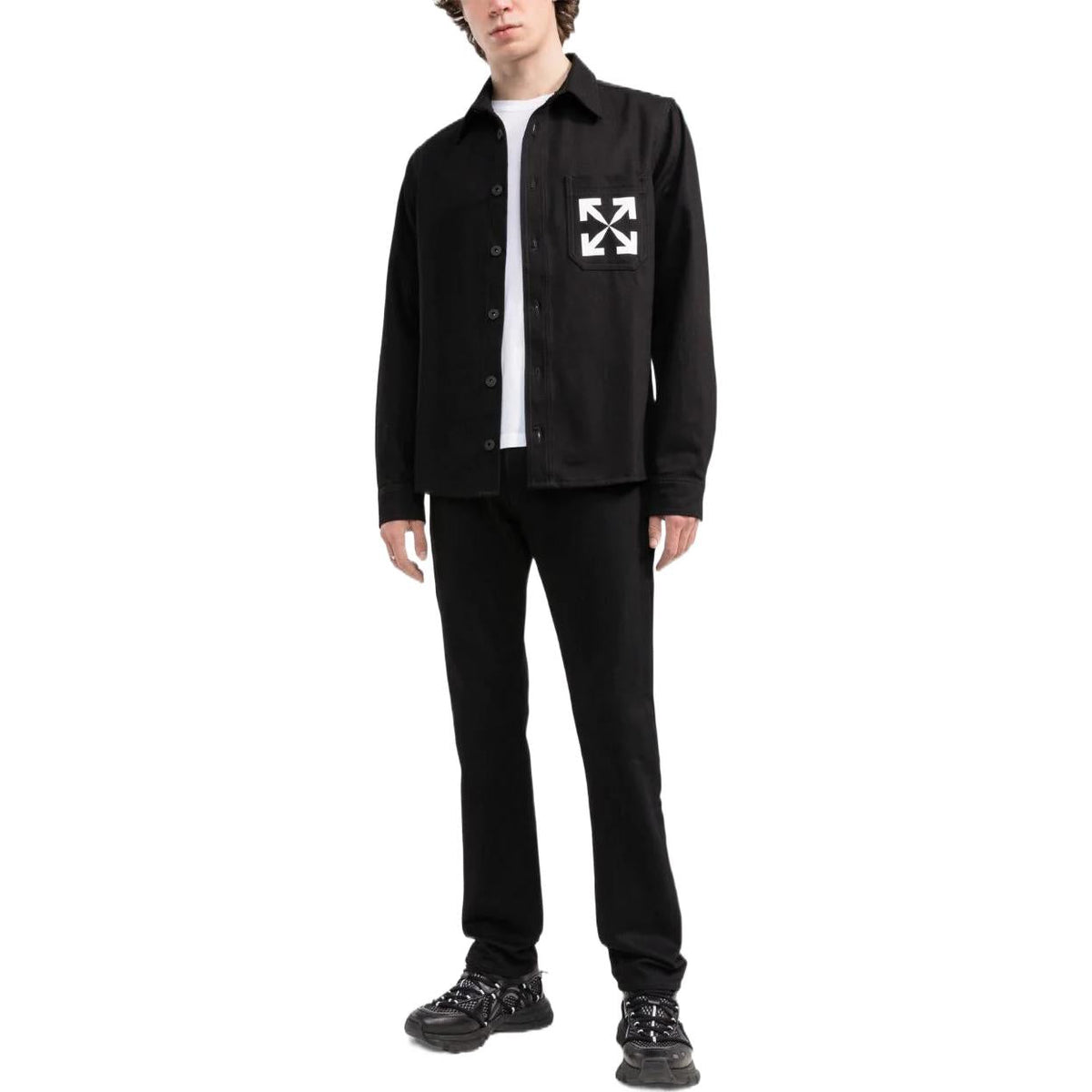 Off-White SS22 Arrow Logo Pattern Denim Long Sleeves Shirt Black OMYD027C99DEN0021001