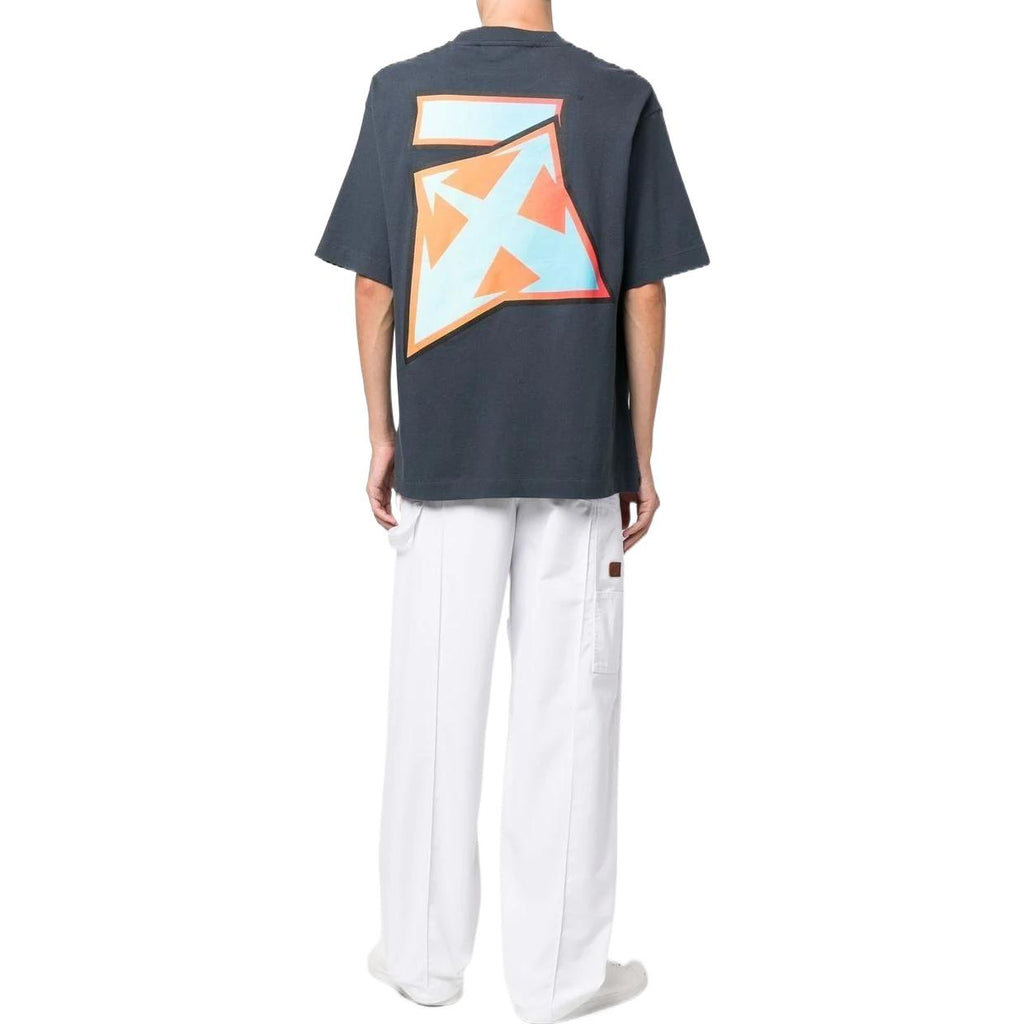 Men's Off-White FW22 Pattern Printing Round Neck Short Sleeve Loose Fit Navy Blue T-Shirt OMAA120F22JER0034641