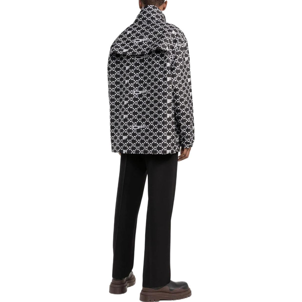 Men's Off-White SS22 Geometry Pattern Full Print Stand Collar Hooded Jacket Version Autumn Black OMEB034S22FAB0011001