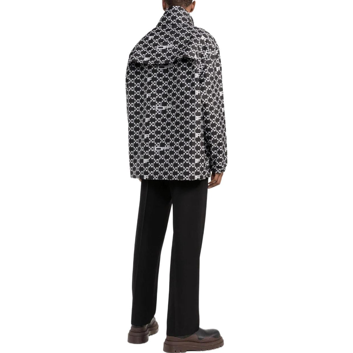 Men's Off-White SS22 Geometry Pattern Full Print Stand Collar Hooded Jacket Version Autumn Black OMEB034S22FAB0011001
