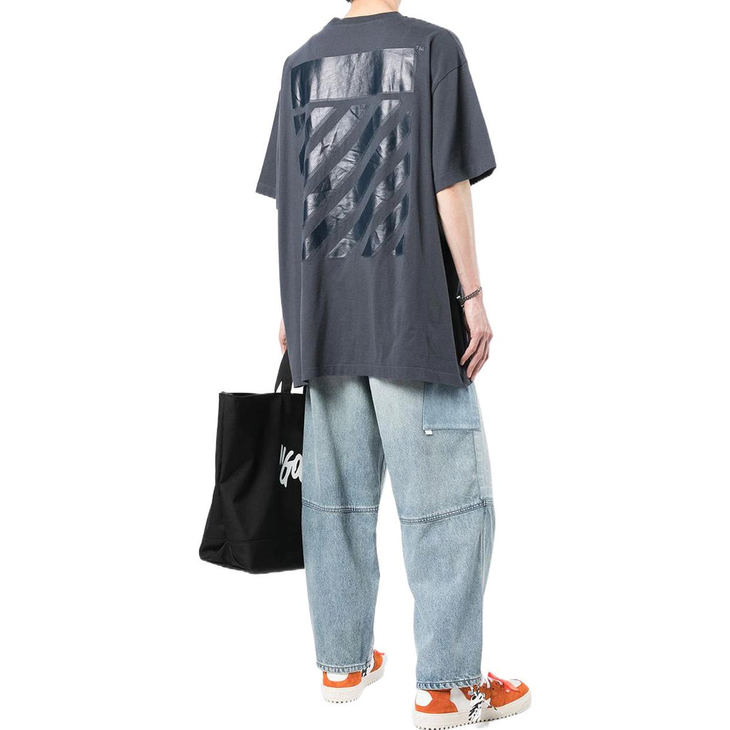 Men's Off-White Stripe Printing Short Sleeve Loose Fit Navy Blue T-Shirt OMAA038S22JER0024646