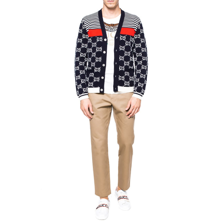 Gucci Classic Full Logo Stitching Wool Knitted Cardigan For Men Navy 523048-X9I07-4696