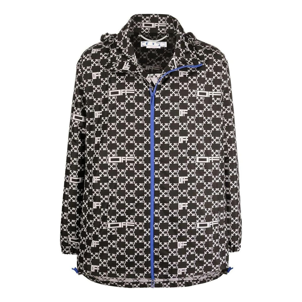 Men's Off-White SS22 Geometry Pattern Full Print Stand Collar Hooded Jacket Version Autumn Black OMEB034S22FAB0011001