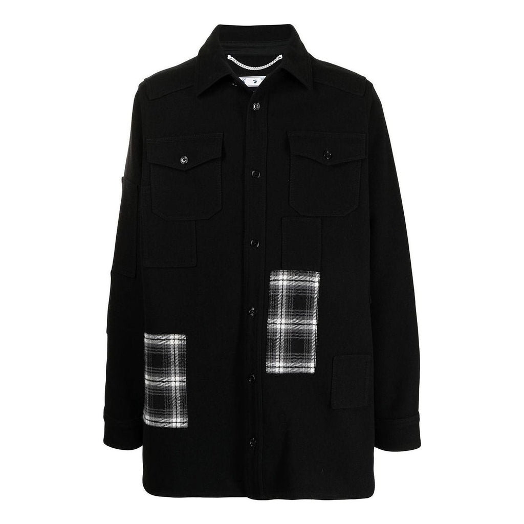 Men's Off-White SS22 Version Logo Printing Plaid Pocket Lapel Jacket Black OMEA227E20FAB0011001