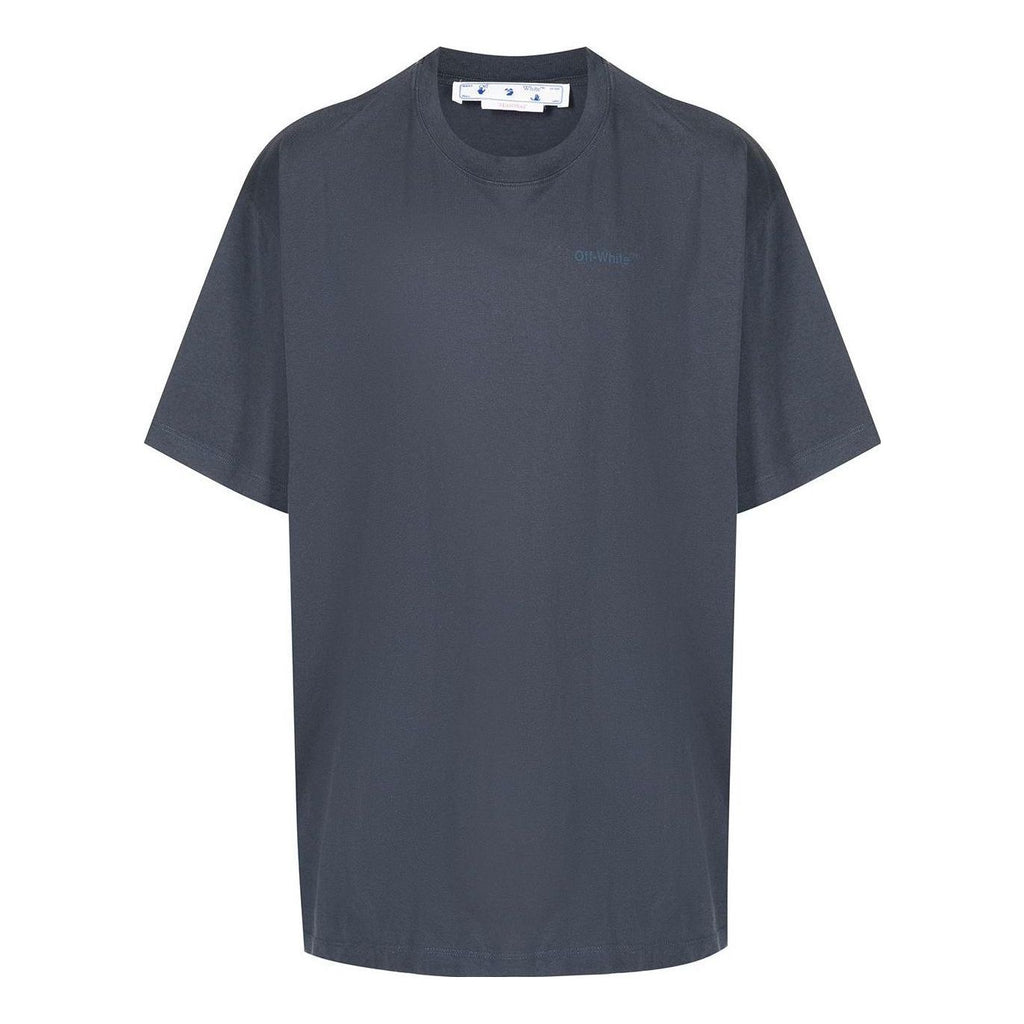 Men's Off-White Stripe Printing Short Sleeve Loose Fit Navy Blue T-Shirt OMAA038S22JER0024646